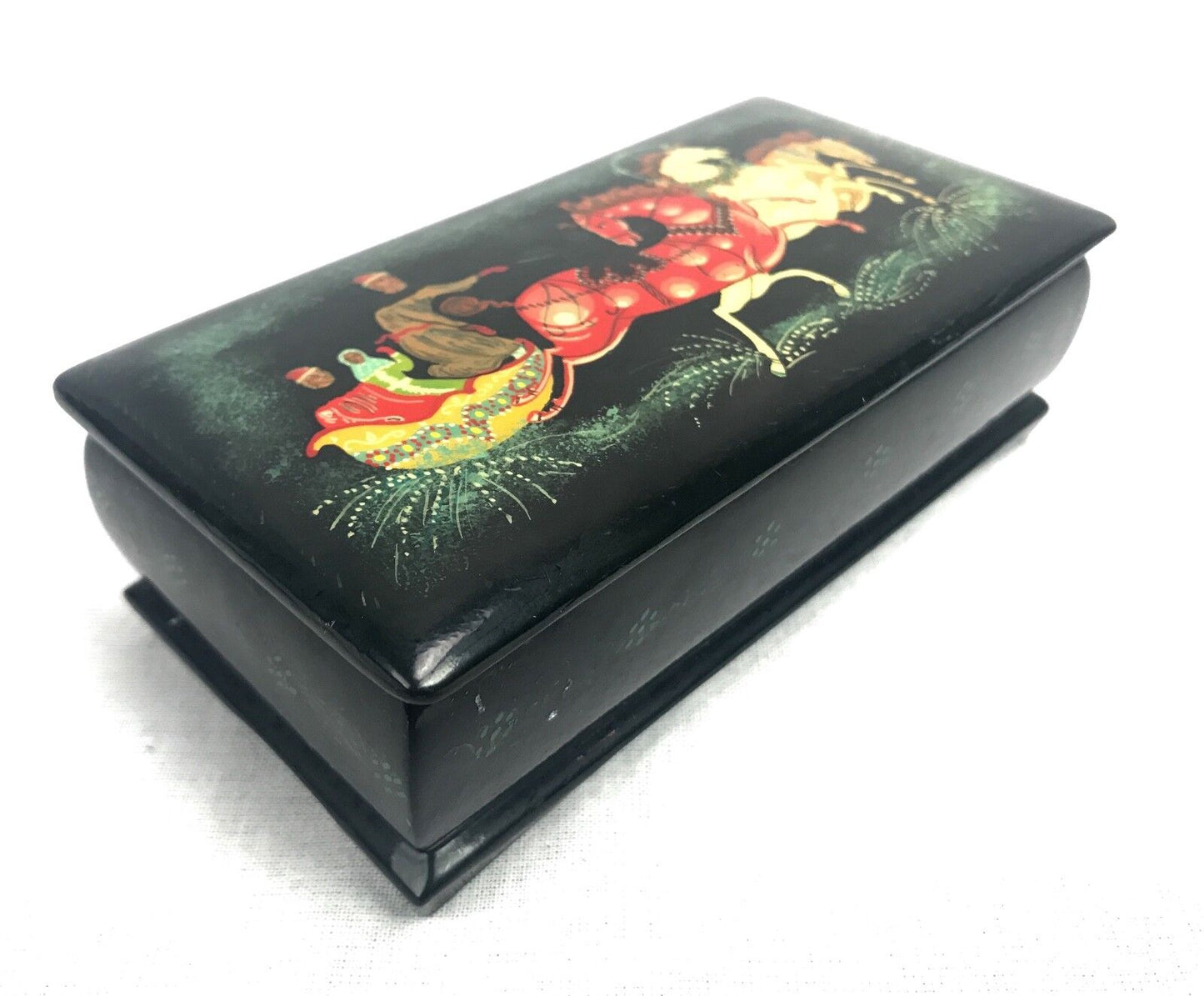 Russian Lacquered / Lacquer Box / Trinket / Horse And Cart / Vintage