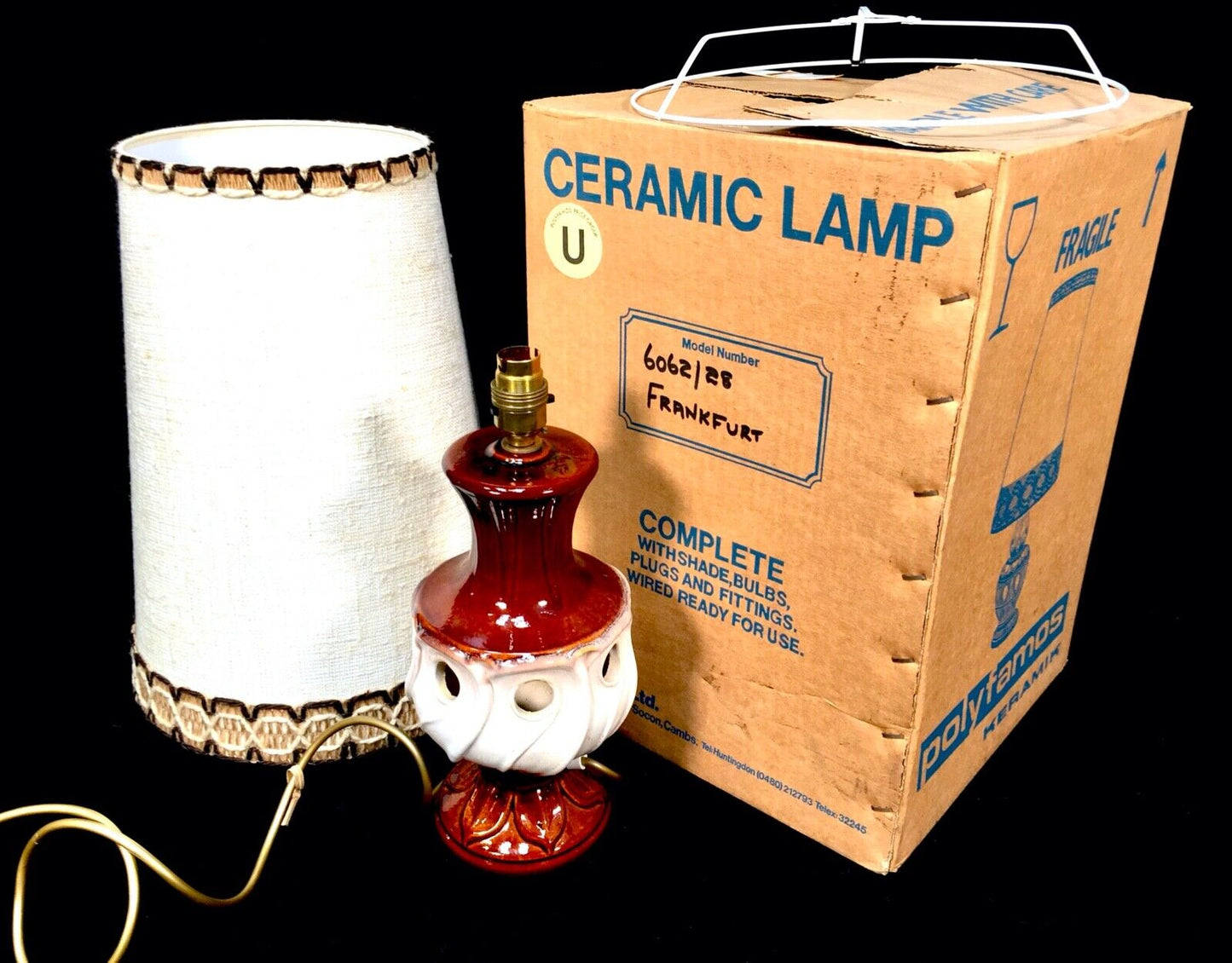 Vintage West German Pottery Lamp in Original Box / Cream & Brown / Unused 1970s