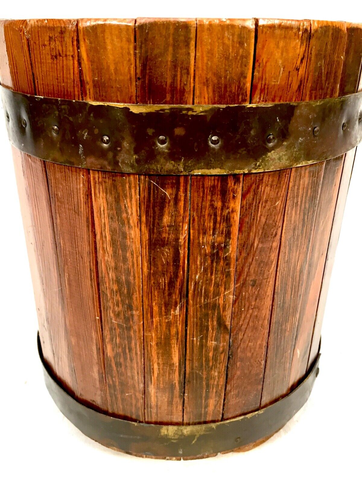 Antique Wooden Pine & Brass Bound Planter / Plant Pot / Bucket / Rustic Log Bin