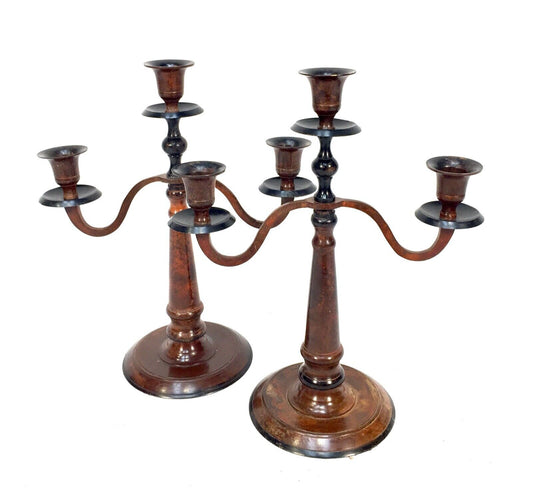 Antique Matching Pair of Candlestick Holders / Candelabra / Marbleised Brown