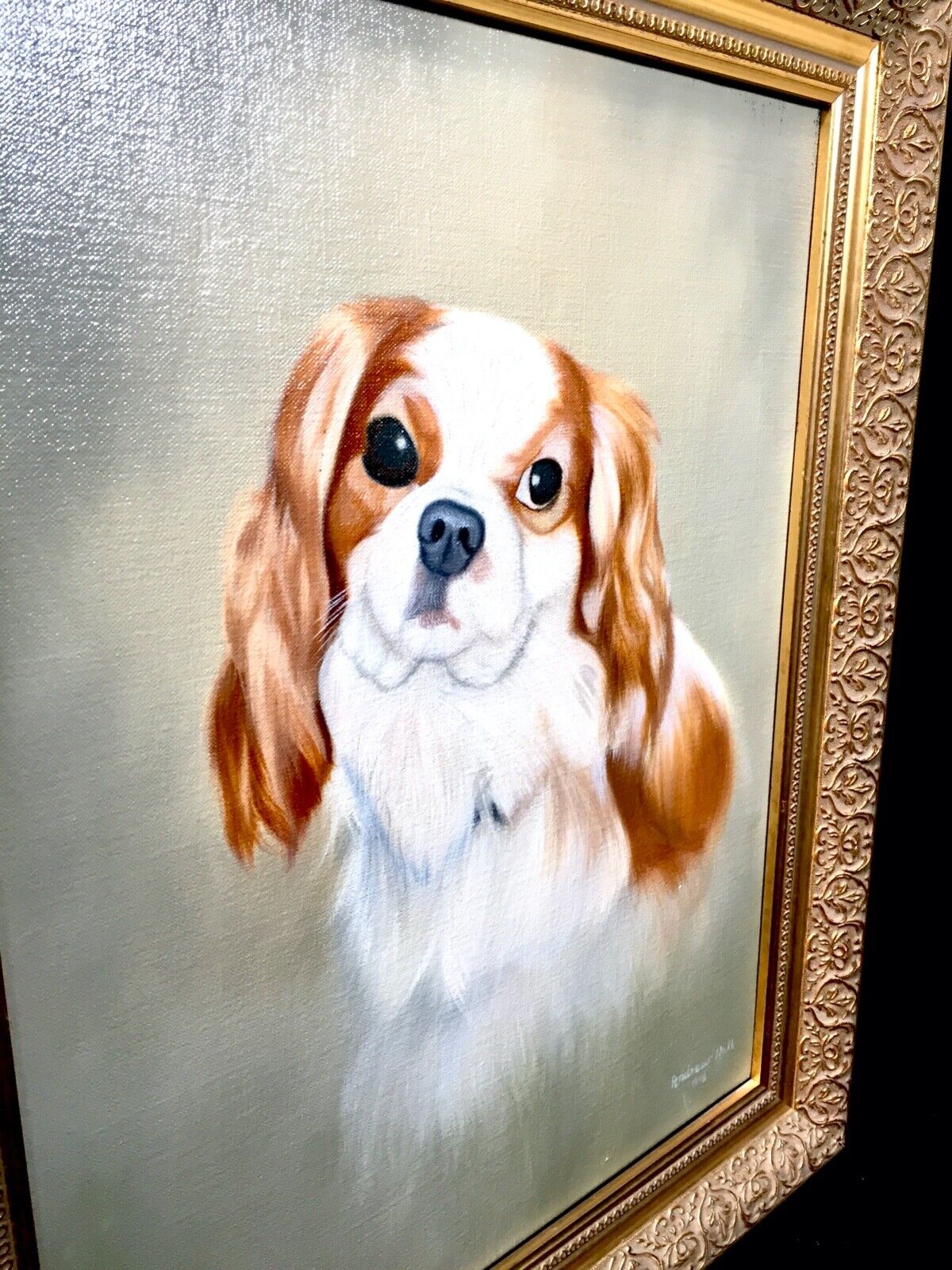 Vintage Framed Cavalier King Charles Spaniel Dog Oil Painting on Canvas
