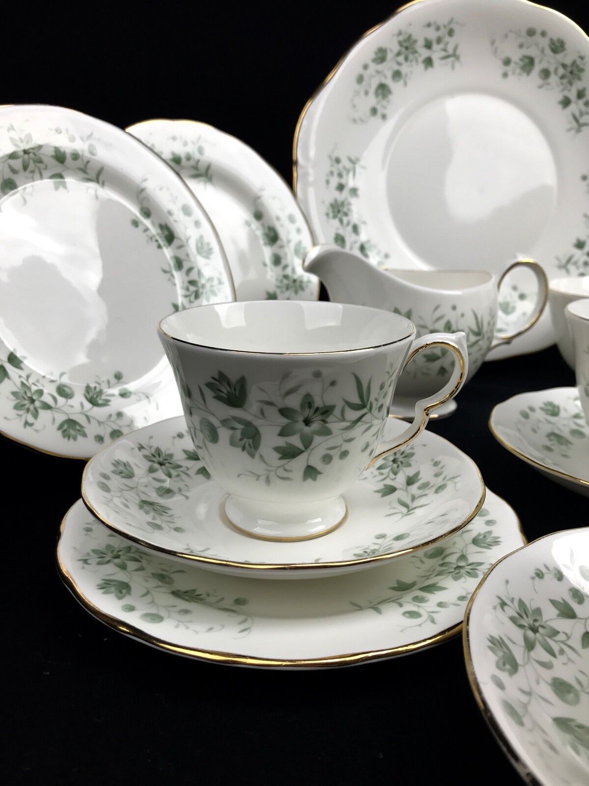 Queen Anne China Tea Set For 6 / 21 Piece / Pattern 8669 Green Floral / Trio