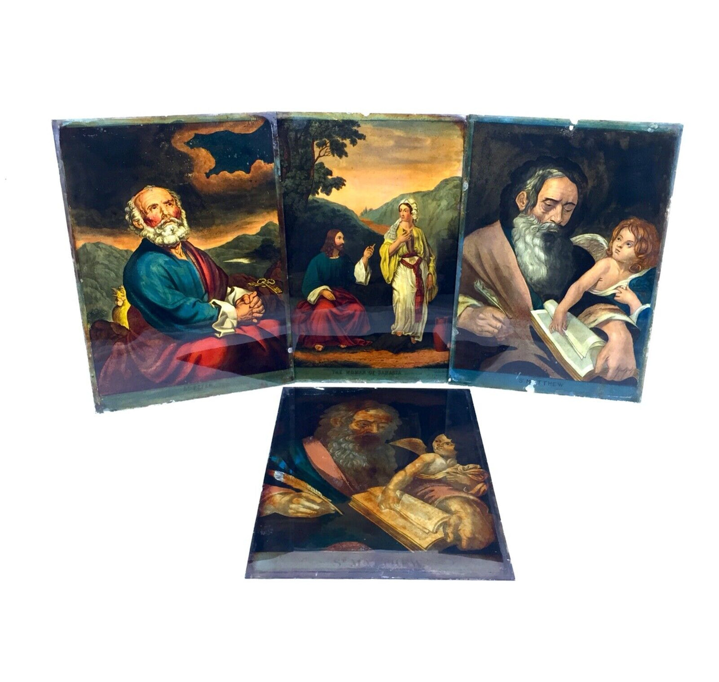 Antique 19th Century Set of 4 Religious Reverse Glass Paintings by James Bateman