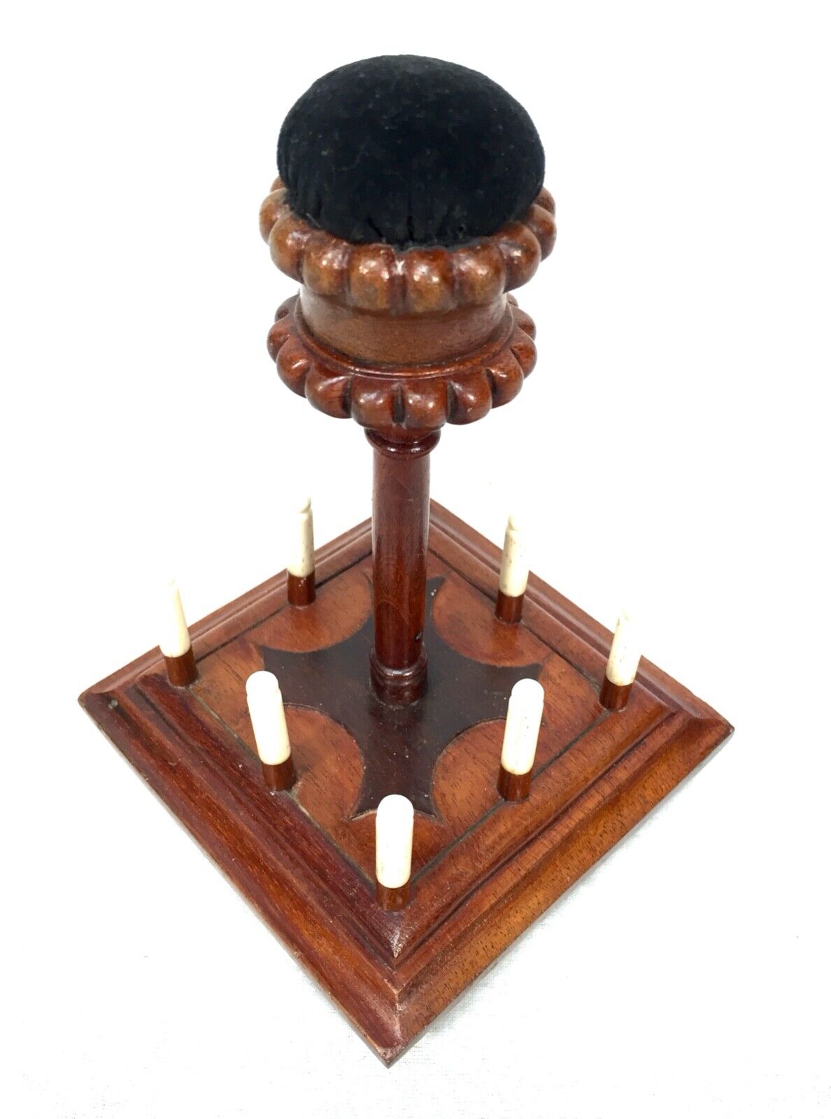 Victorian Mahogany Sewing Stand - Cotton Spool Holder - Pin Cushion - Antique