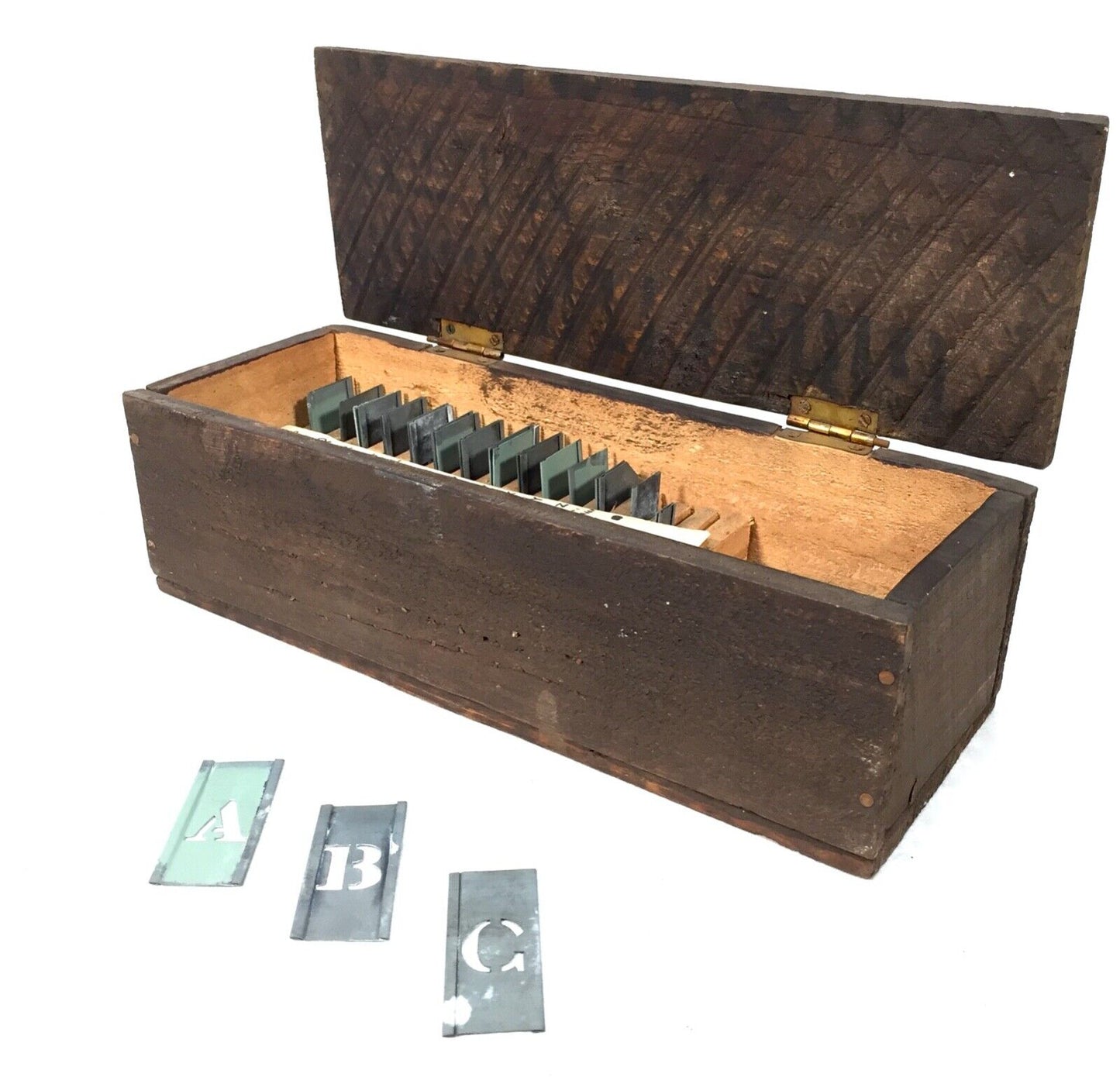 Antique Wooden Box Set of Metal Printers Stencils / Letters / Vintage .