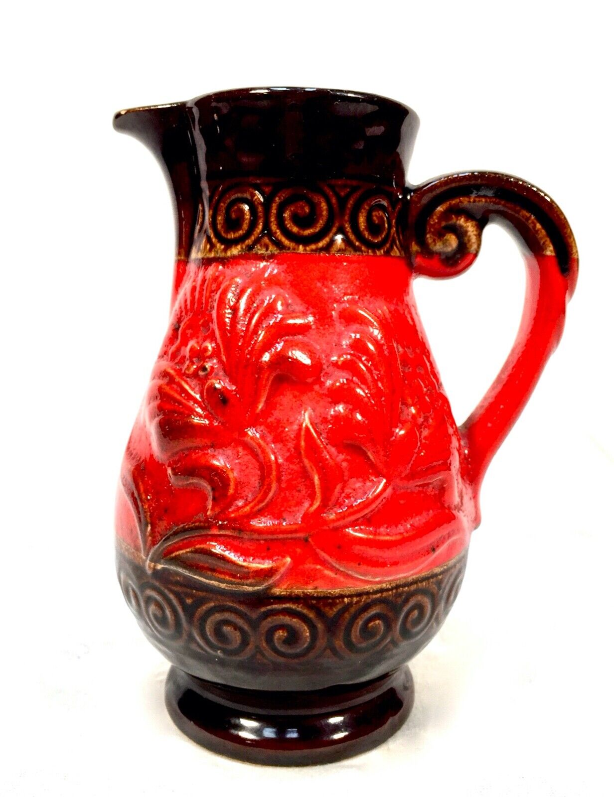 Vintage West German Pottery Bay Vase / Jug / Brown & Red / 1970s Retro