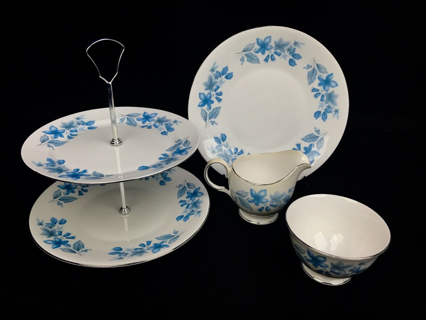 Crown Essex Vintage Tea Set For 5 / Dubarry / Blue Floral / Cake Stand / Trios