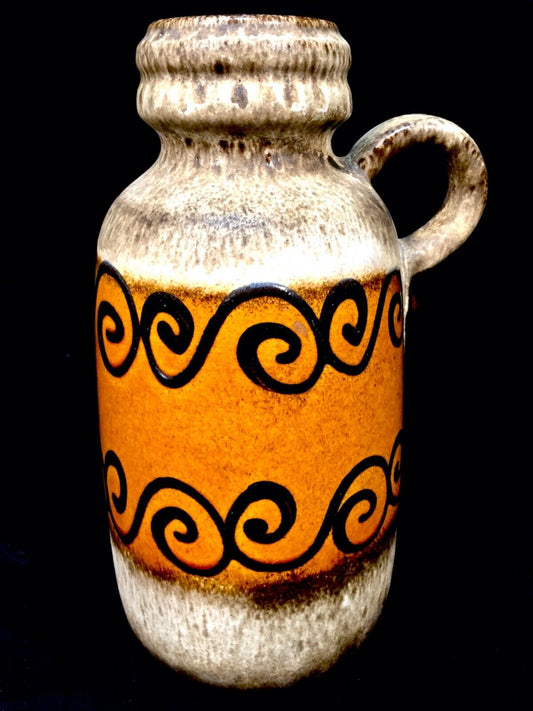 Vintage West German Pottery Vase Jug / Retro 1970s / Cream / Orange / Black