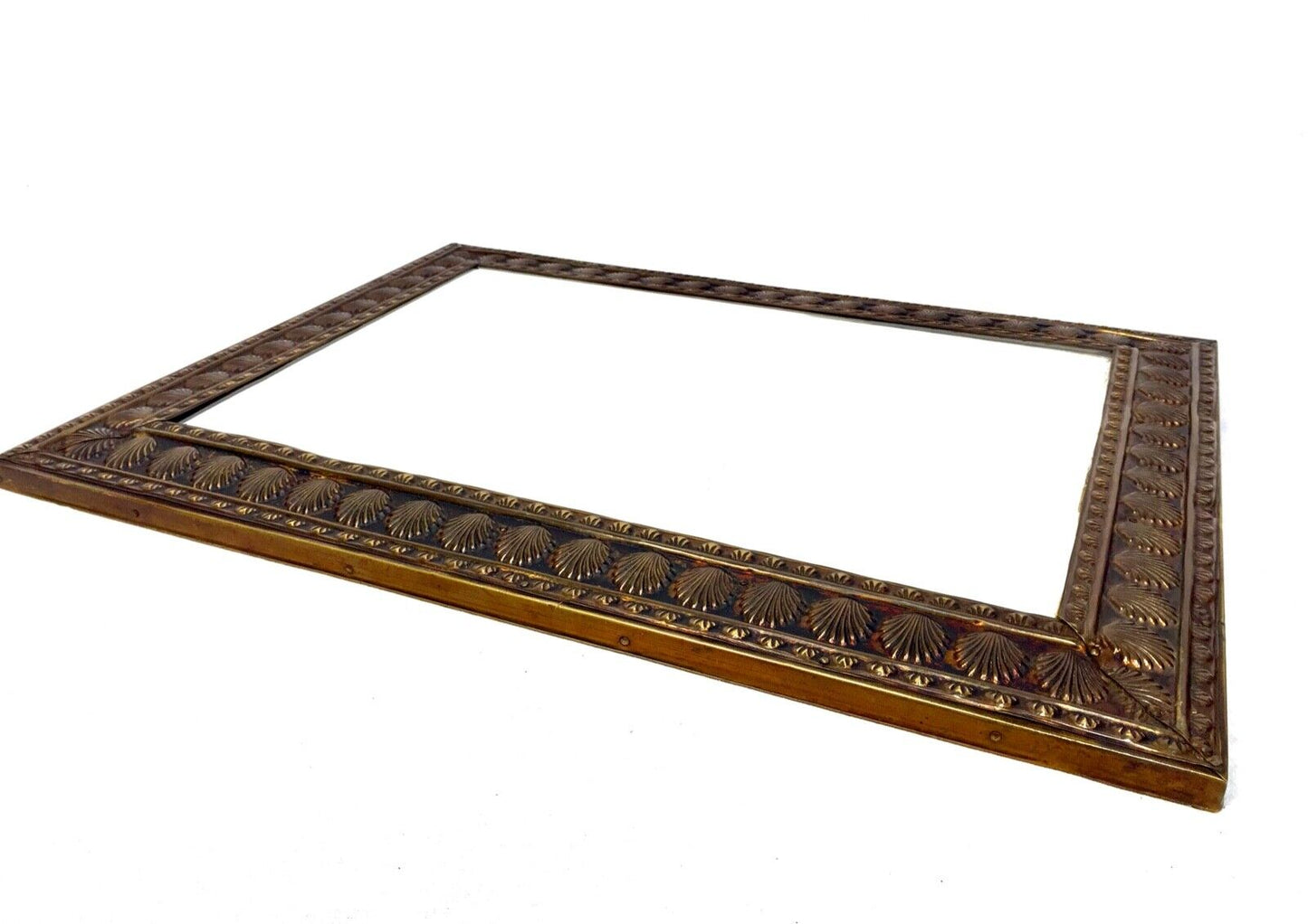 Antique Brass Framed Wall Hanging Mirror / Art Nouveau Style / 20th Century