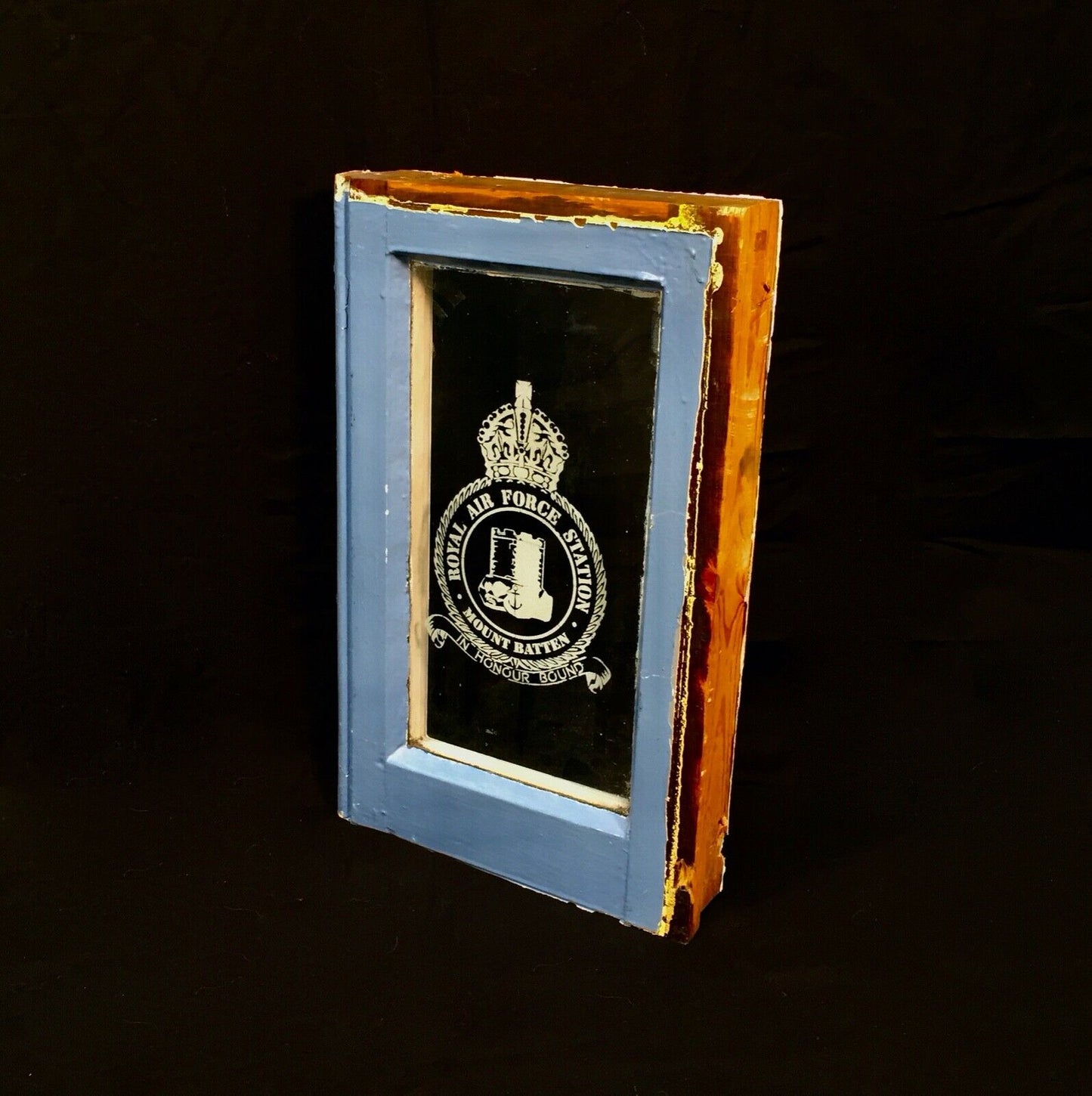 Antique Sign - RAF (Royal Air Force) Mount Batten Salvaged Glass Window in Frame