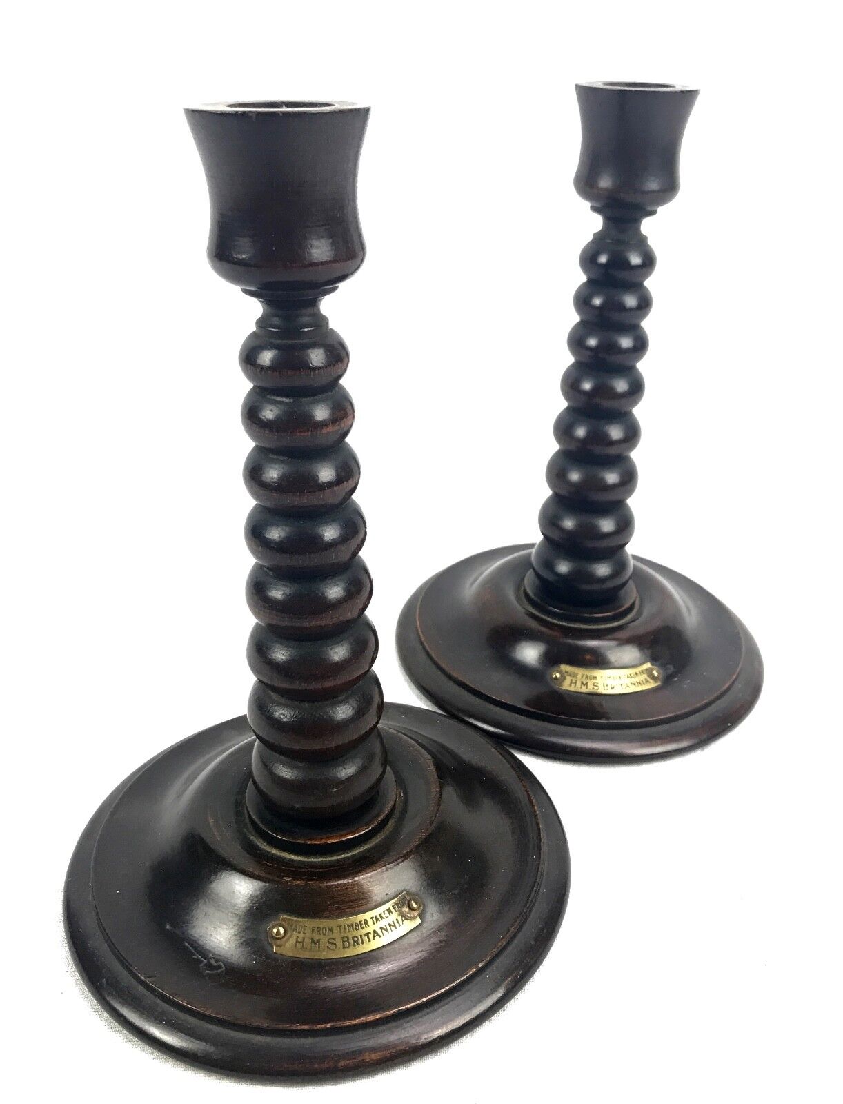 Antique Wood Barley Twist Candle Stick Pair Made From Timber From HMS Britannia