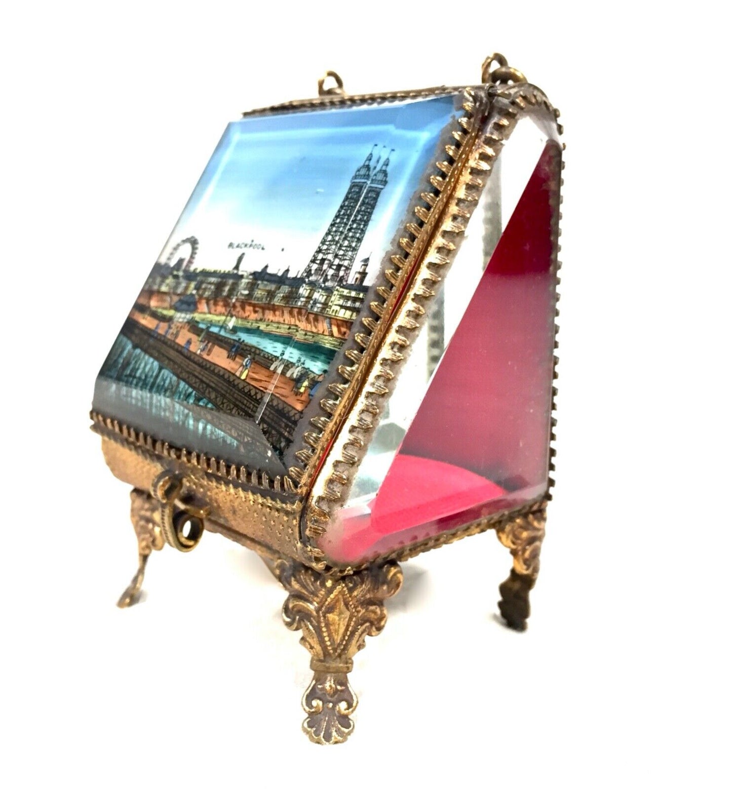 Antique Brass & Painted Glass Pocket Fob Watch Stand Jewellery Holder Blackpool