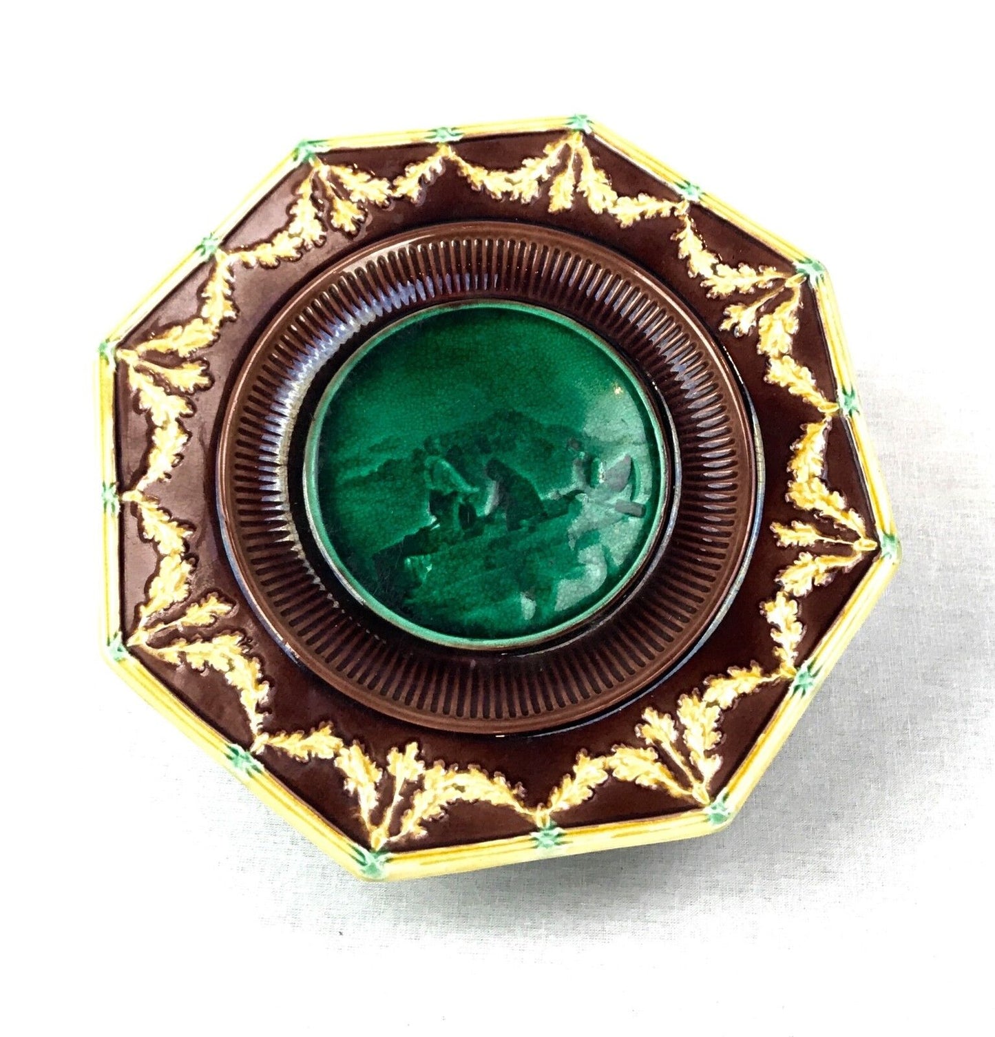 Wedgwood Majolica Octagonal Portrait Plate With Medieval Dolphin Feet Victorian