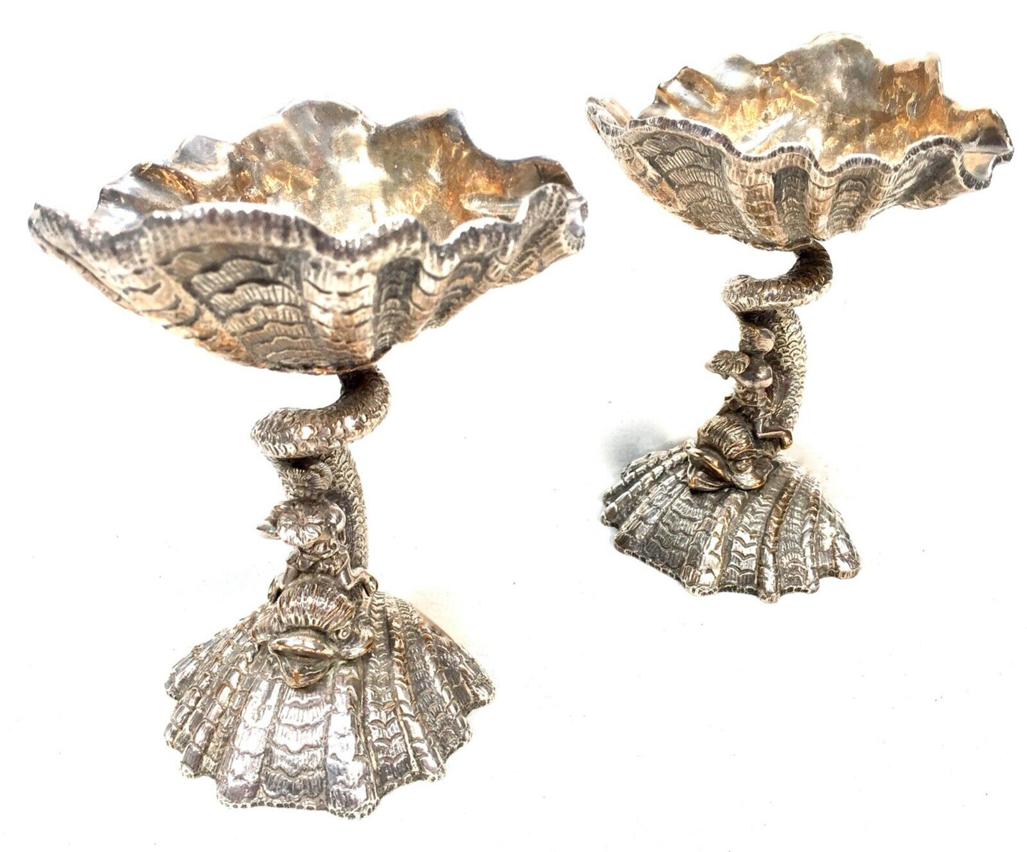 Antique Pair of 19th century Dolphin & Clam Shell Open Salts / Salt Holders