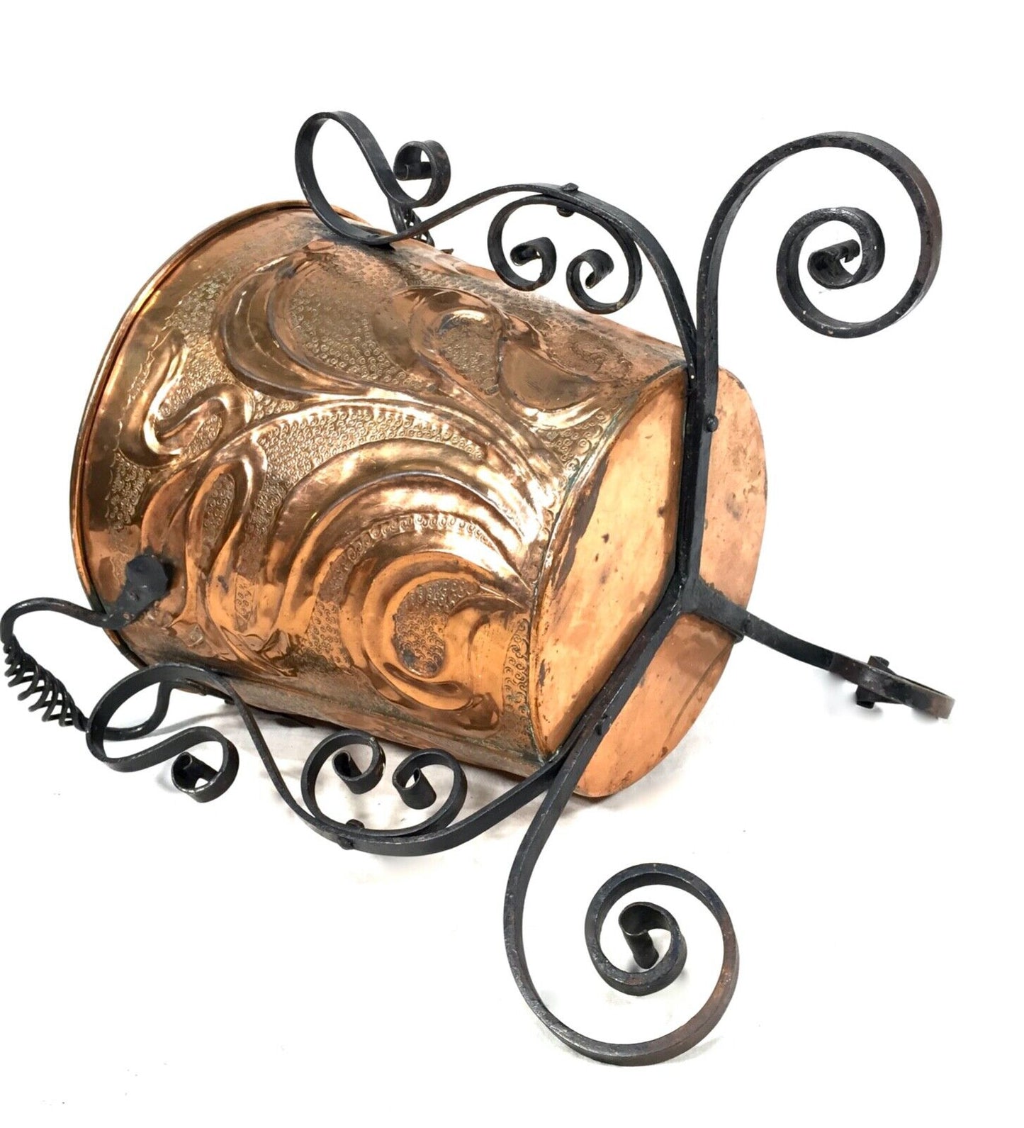 Antique Art Nouveau Copper & Cast Iron Bin / Planter / Arts & Crafts Log Basket