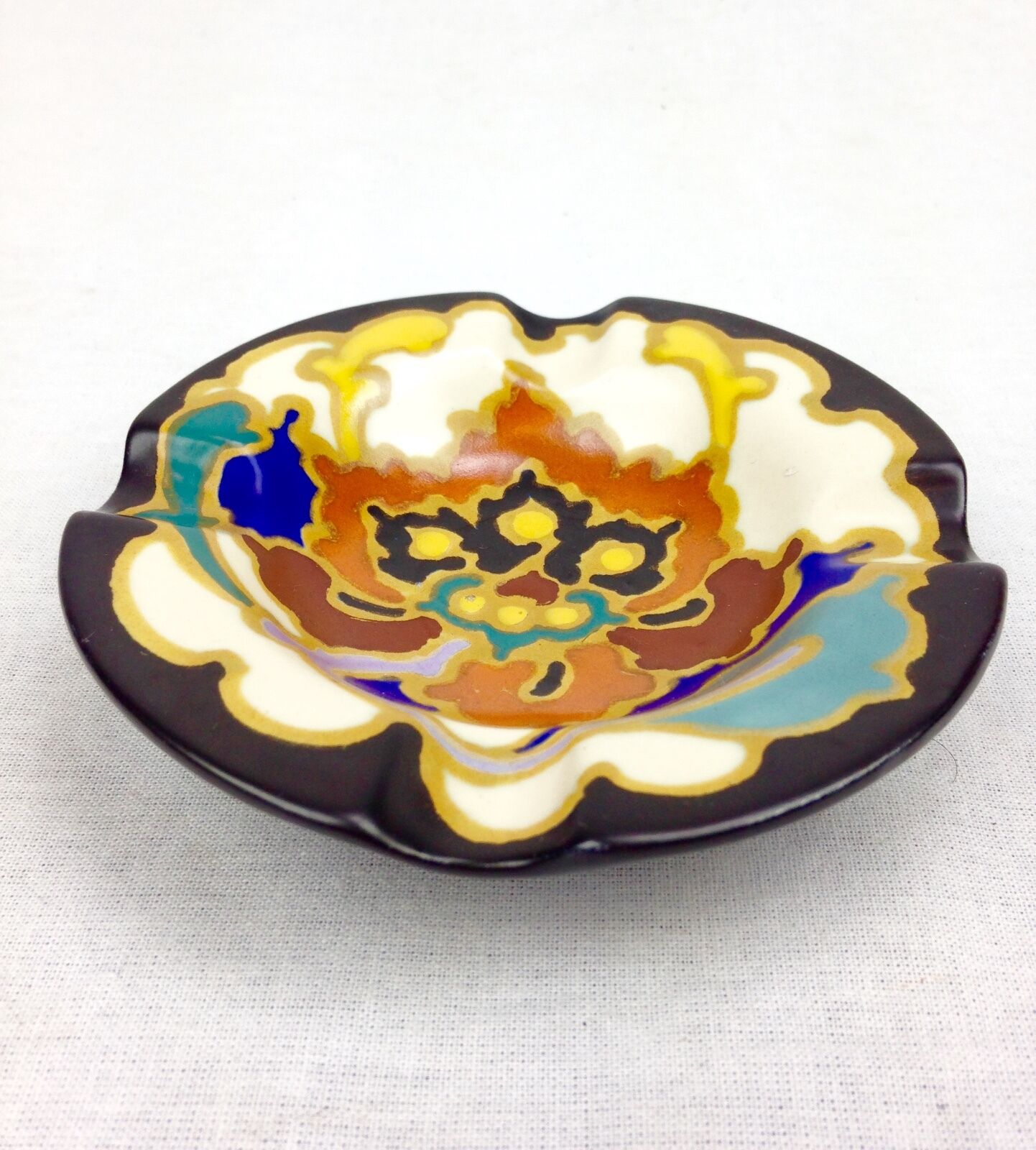 Art Deco Gouda Pottery Ashtray / Pin Dish / Dutch / Blue / Cream / Brown