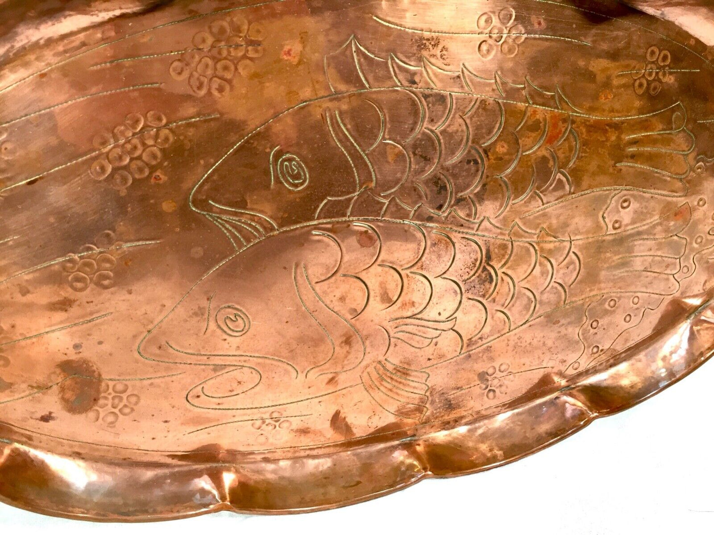 Antique Large Arts & Crafts Copper Tray with Fluted Edge & Fish Design  c.1900