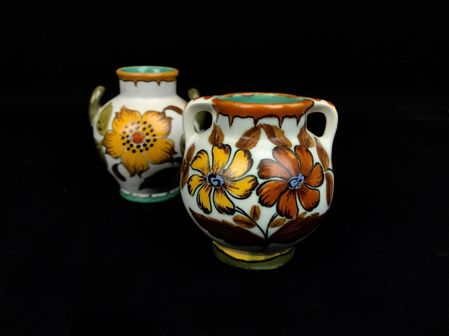 Gouda Pottery Double Handled Jug Pair Cream / 1950's Dutch / Yellow / Orange