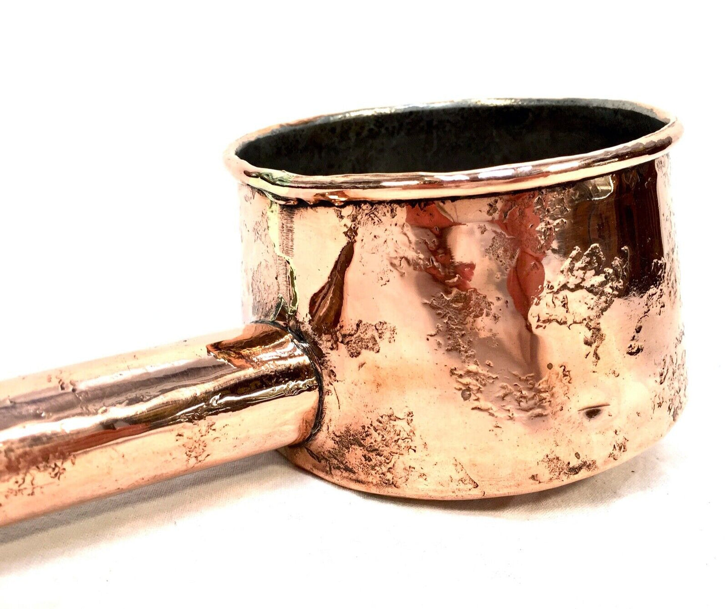 Antique Hammered Copper Meat Juice Saucepan Strainer / Arts ant Crafts c.1900
