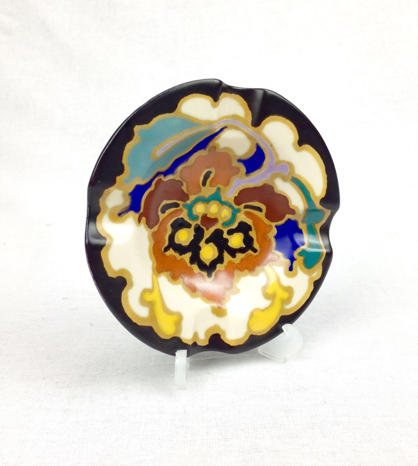 Art Deco Gouda Pottery Ashtray / Pin Dish / Dutch / Blue / Cream / Brown