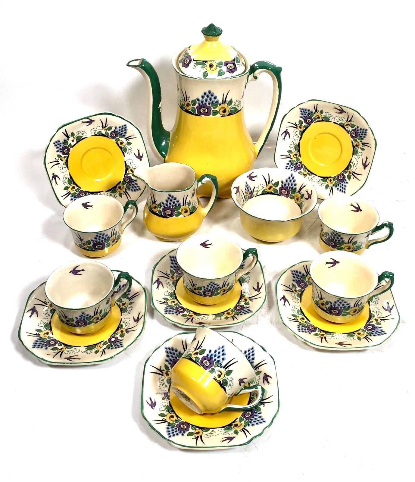 Antique Edwardian Early Wedgwood Coffee Tea Set for 6 People / Swallow Pattern