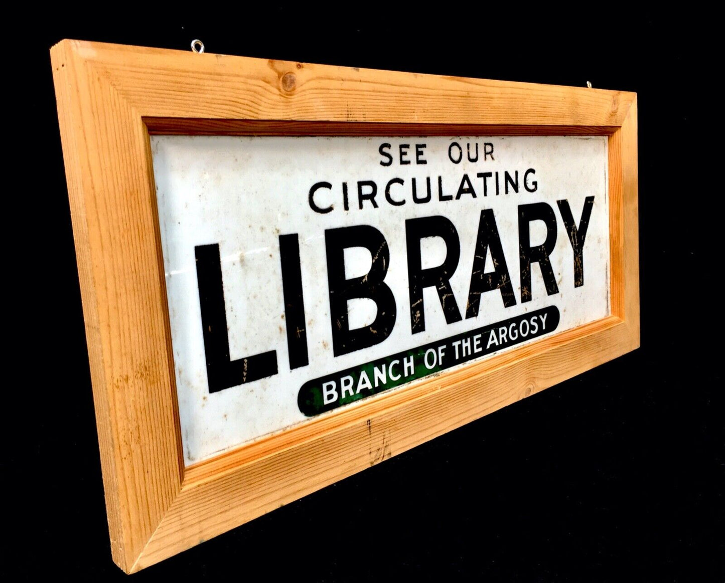 Antique Sign - Library Branch of The Argosy Framed White Glass Panel / Salvaged