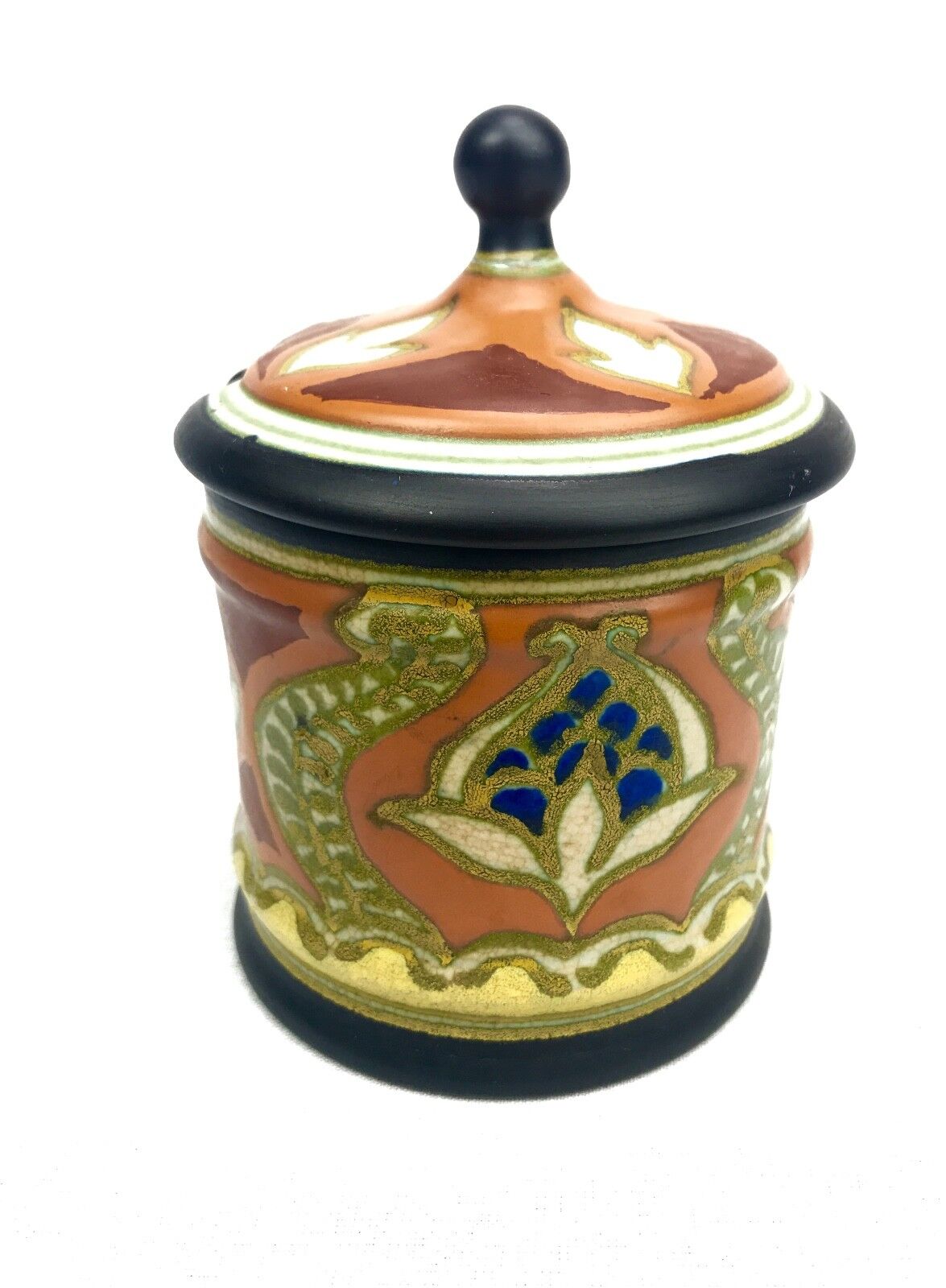 Gouda Pottery Condiment Jar / Vase / Pot / Art Deco / Orange / Brown / Blue