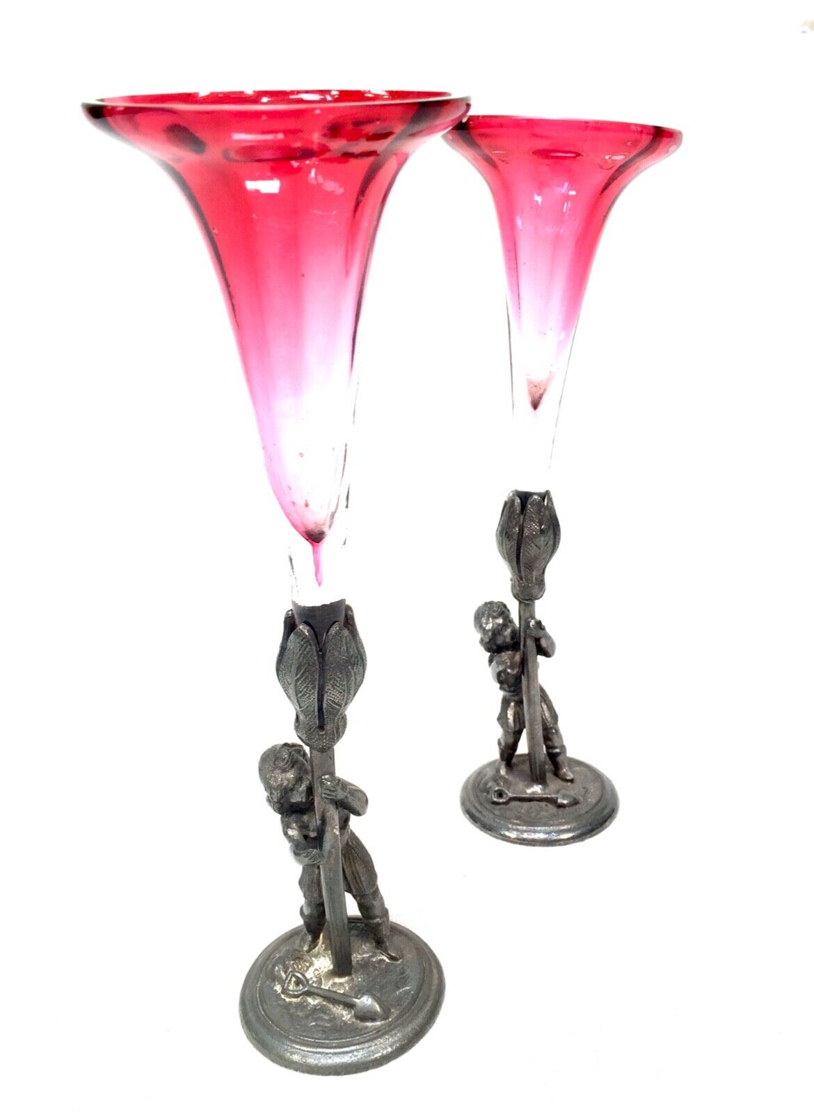 Antique Matching Pair of Victorian Cranberry Glass Epergnes / Trumpet Posy Vases