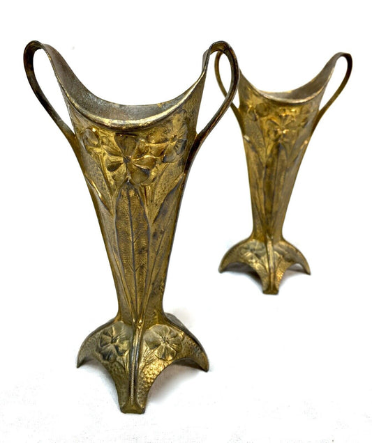 Antique Pair of Brass Art Nouveau Trumpet Posy Vases / Matching / c.1910