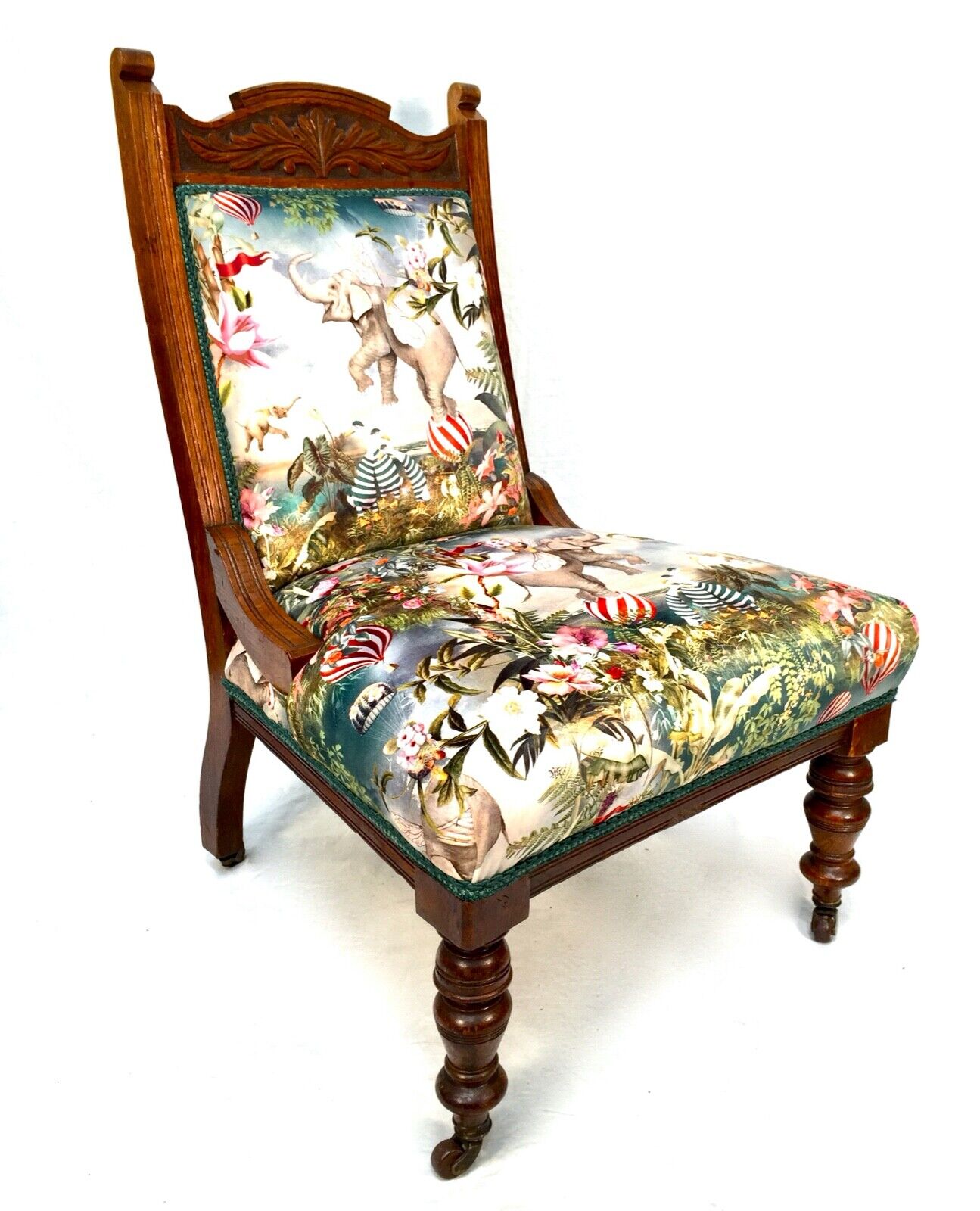 Antique Wooden Oak Bedroom / Hall Chair with Elephant Circus Fabric / Edwardian