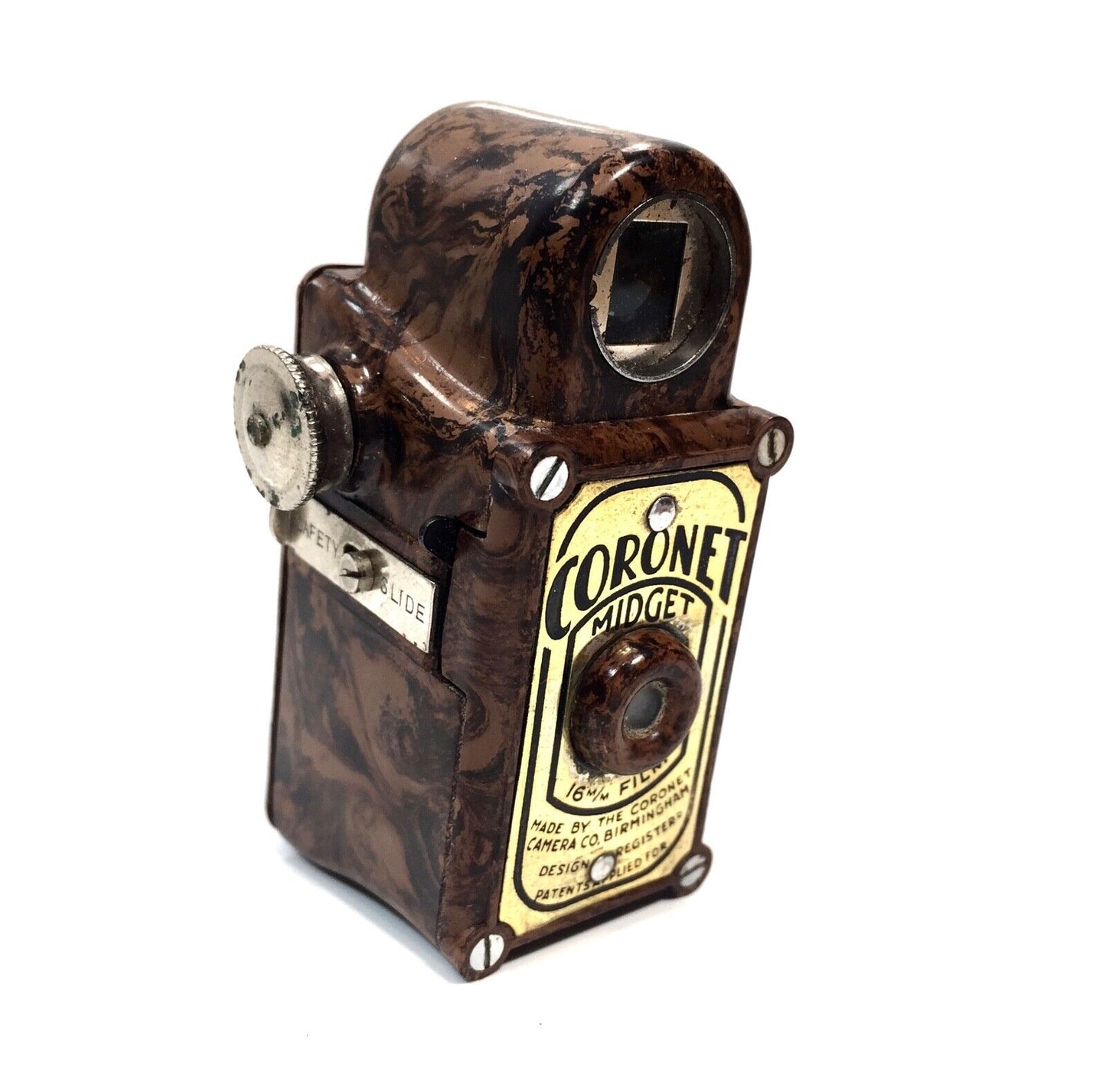 Antique Coronet Midget / Miniature 16MM Camera Brown Marble  Bakelite / Art Deco