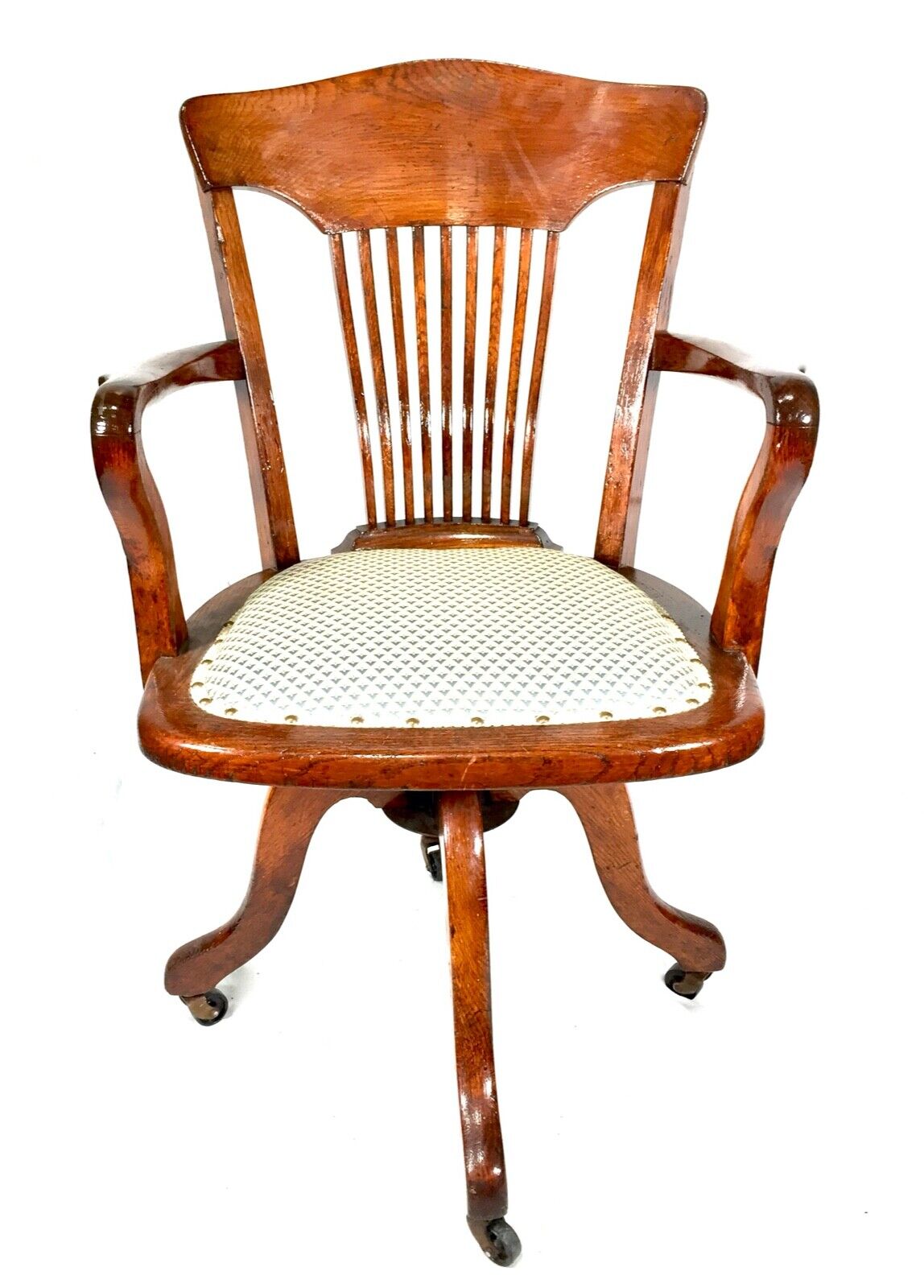 Antique Wooden Oak Revolving Captains Desk Chair / Cushioned Seat c.1920