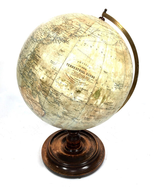 Antique Philips 12" Inch Terrestrial Globe On Oak Base / World Map