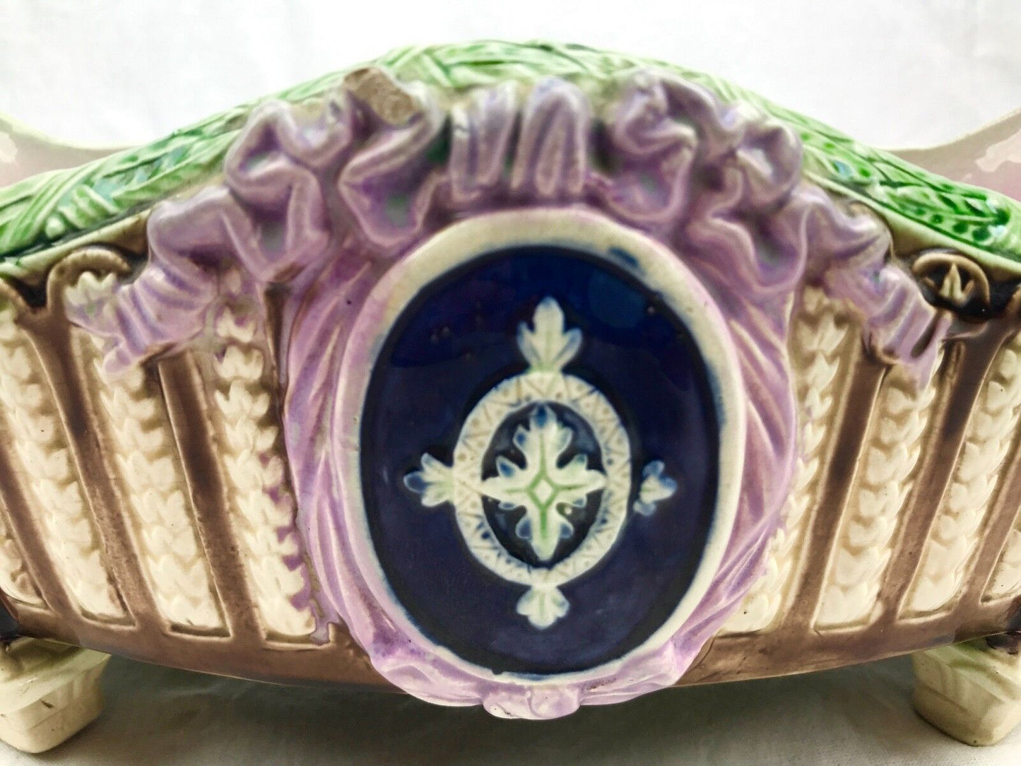 Antique Majolica Oval Planter / Victorian / Blue & Pink / Thomas Forrester