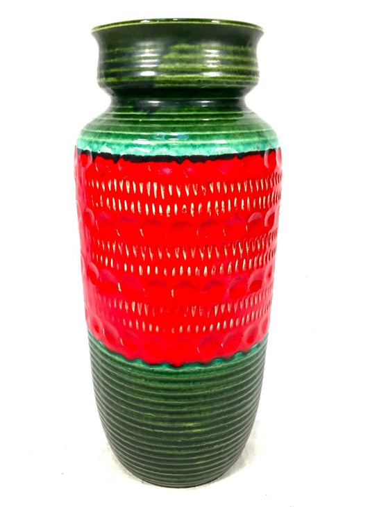 Vintage Large Sized West German Pottery Bay Vase / Red & Green / Retro 1970s