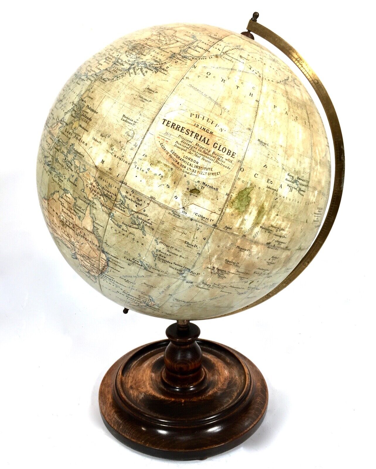 Antique Philips 12" Inch Terrestrial Globe On Oak Base / World Map