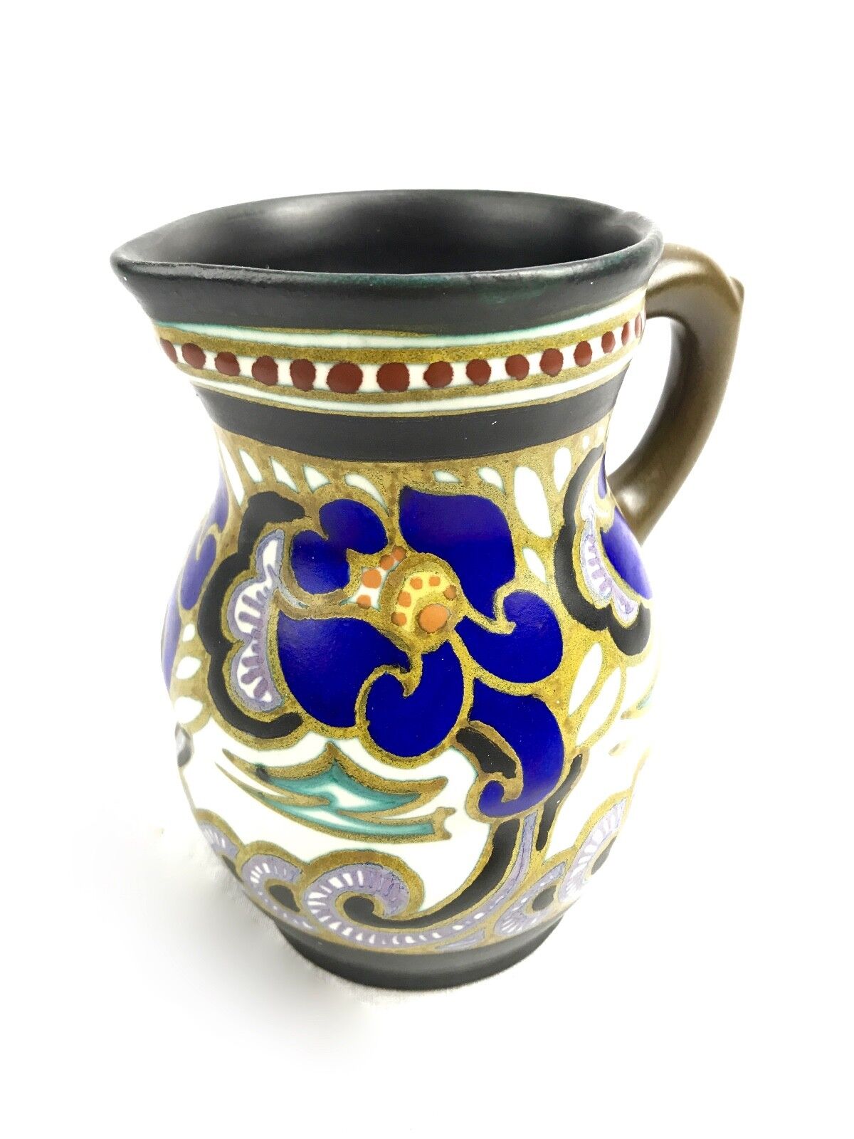 Art Deco Antique Gouda Pottery Jug / Vase / Pitcher / Blue Purple Brown / 1927