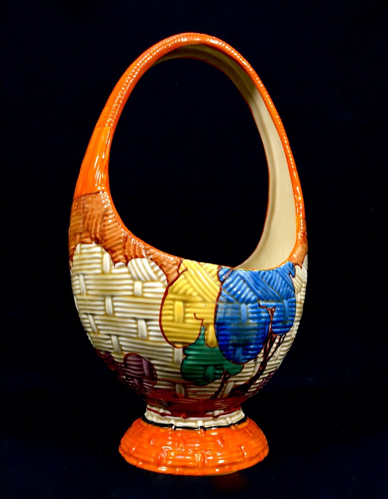 Clarice Cliff Gaiety Basket in Blue Autumn / Art Deco Pottery / Antique / c1931