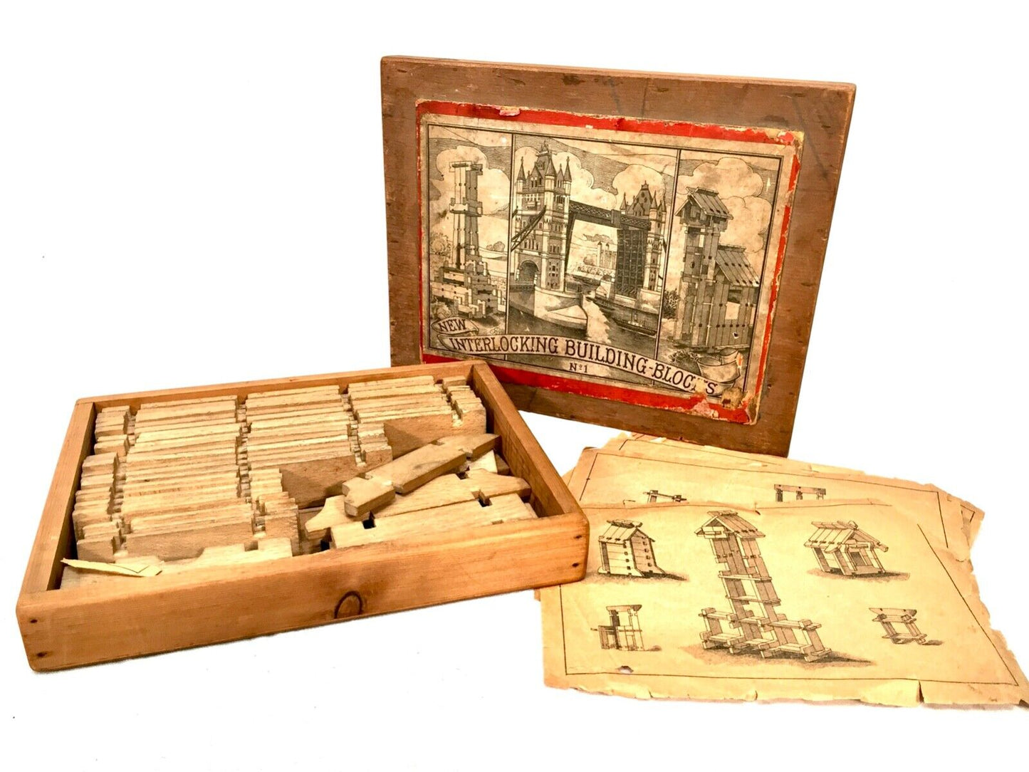 Antique 19th Century Wooden Interlocking Building Block Game / Boxed Set No. 1