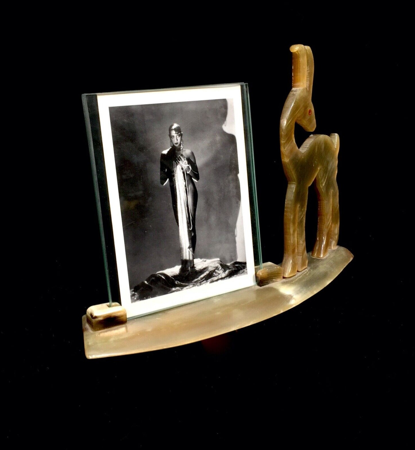 Antique Art Deco Bakelite & Glass Photograph Frame With Deer / Stag Figurine
