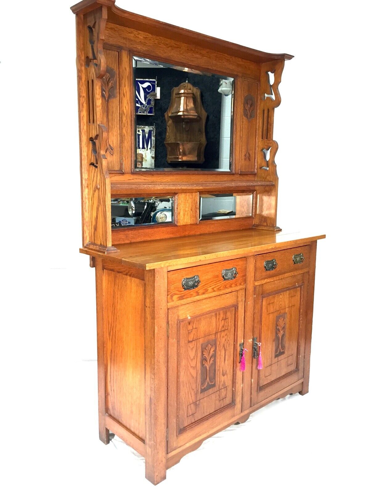 Antique Large Arts & Crafts Oak Sideboard Cabinet Dresser with Mirror Victorian