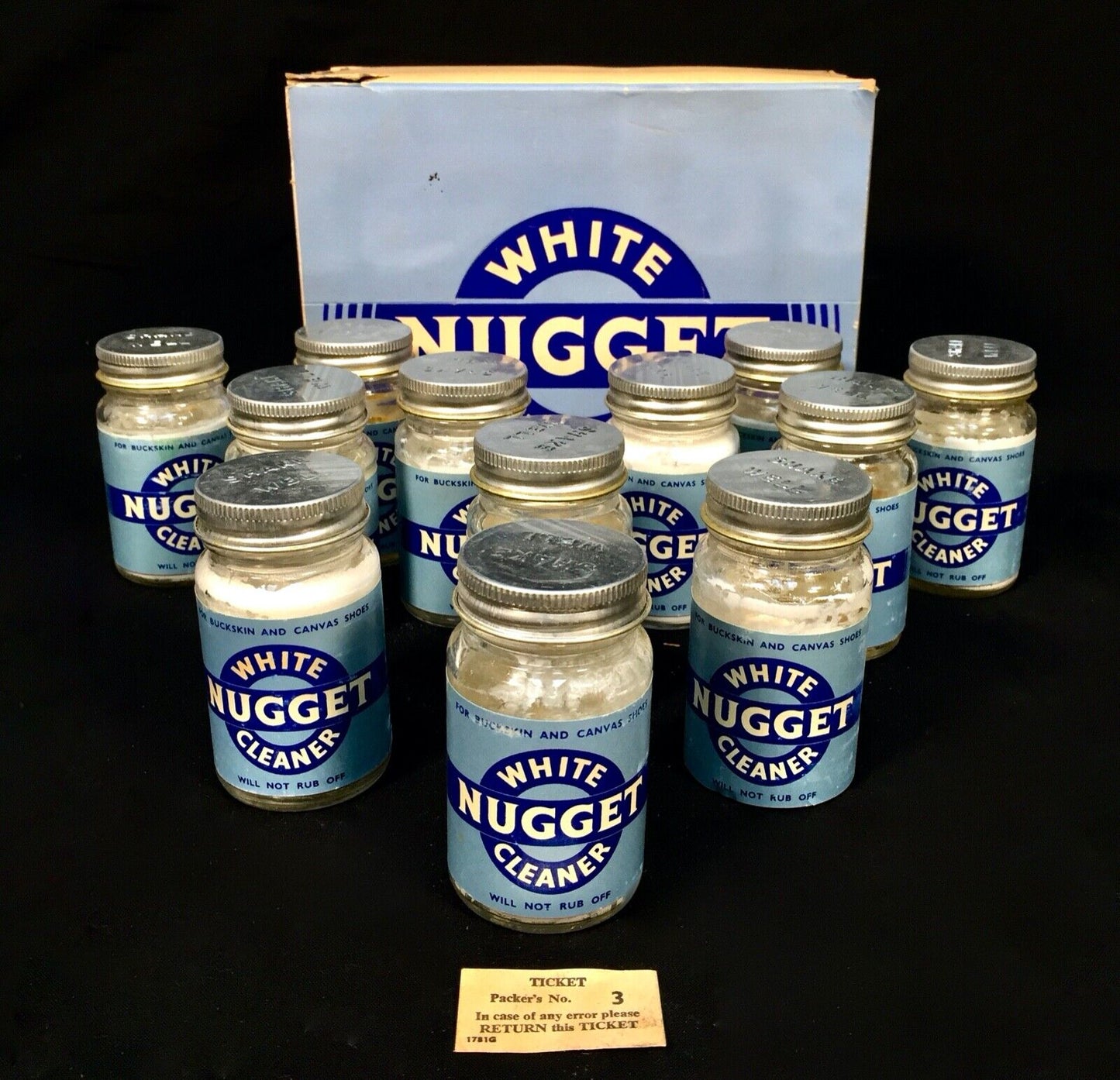 Antique Advertising - Boxed Case of Nugget Shoe Polish White in Glass Jars