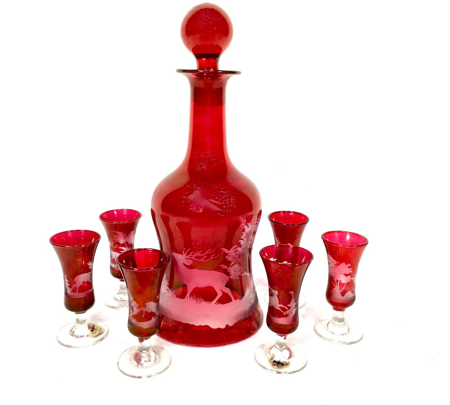 Vintage Kisslinger Ruby Red Glass Decanter Set / Austrian Antique / Liquor