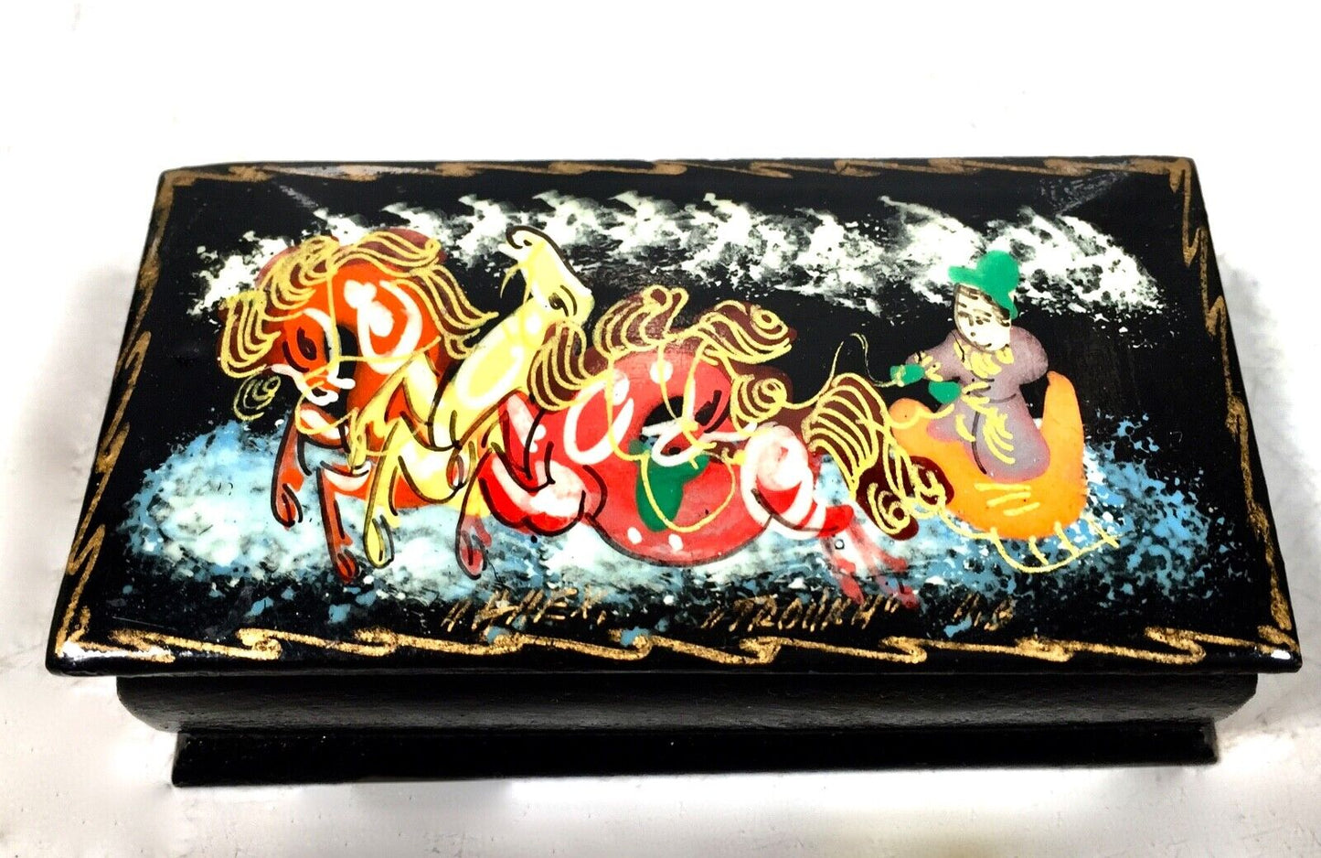 Antique Russian Lacquered / Lacquer Box / Trinket Holder / Signed