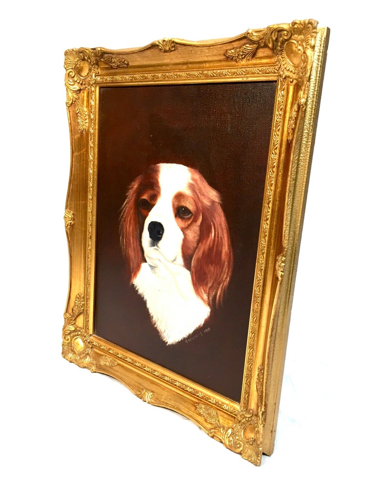 Vintage Framed Blenheim Cavalier King Charles Spaniel Dog Oil Painting on Canvas