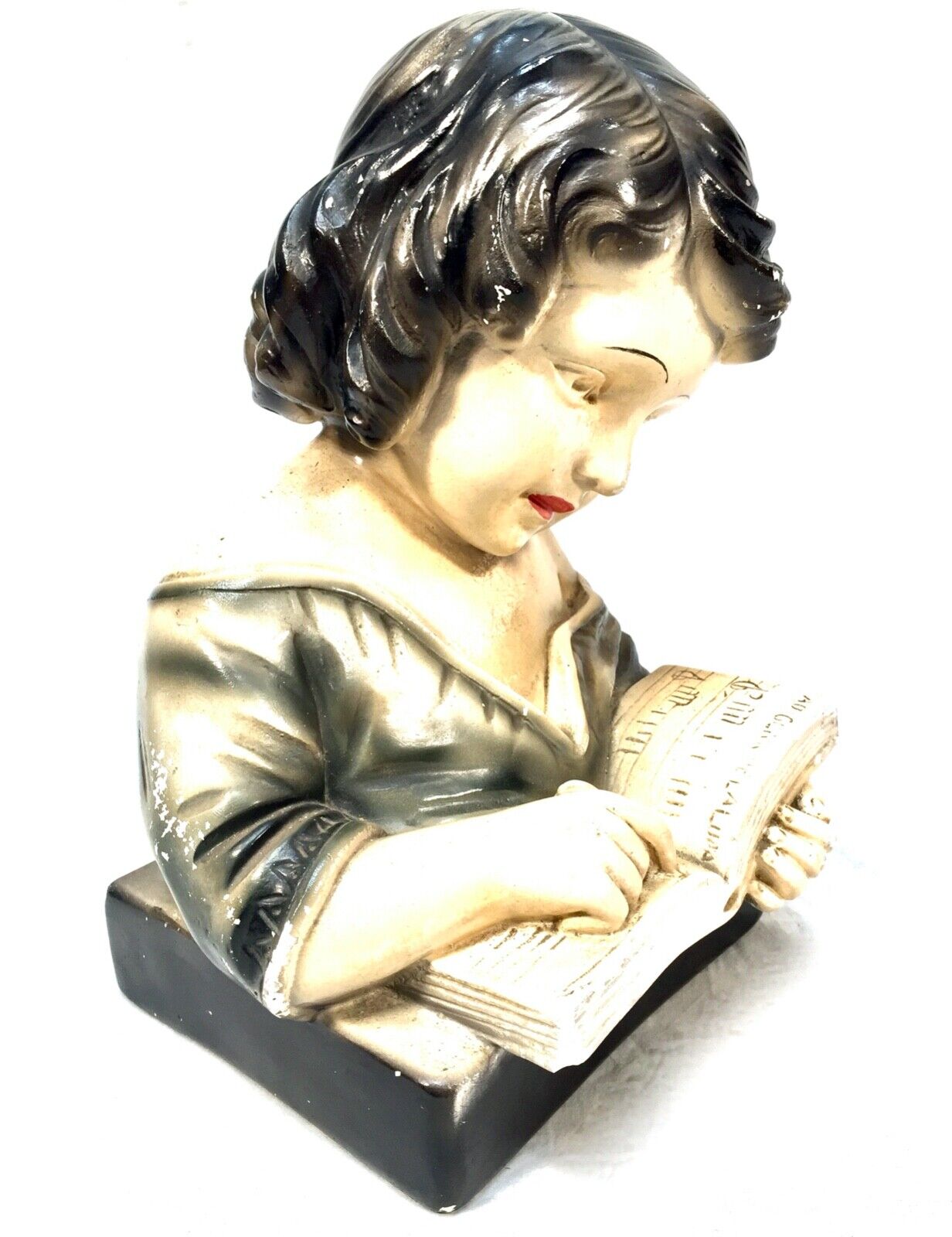 Antique Art Deco French Young Girl Plaster Portrait Bust / C.1930 / Hand Painted