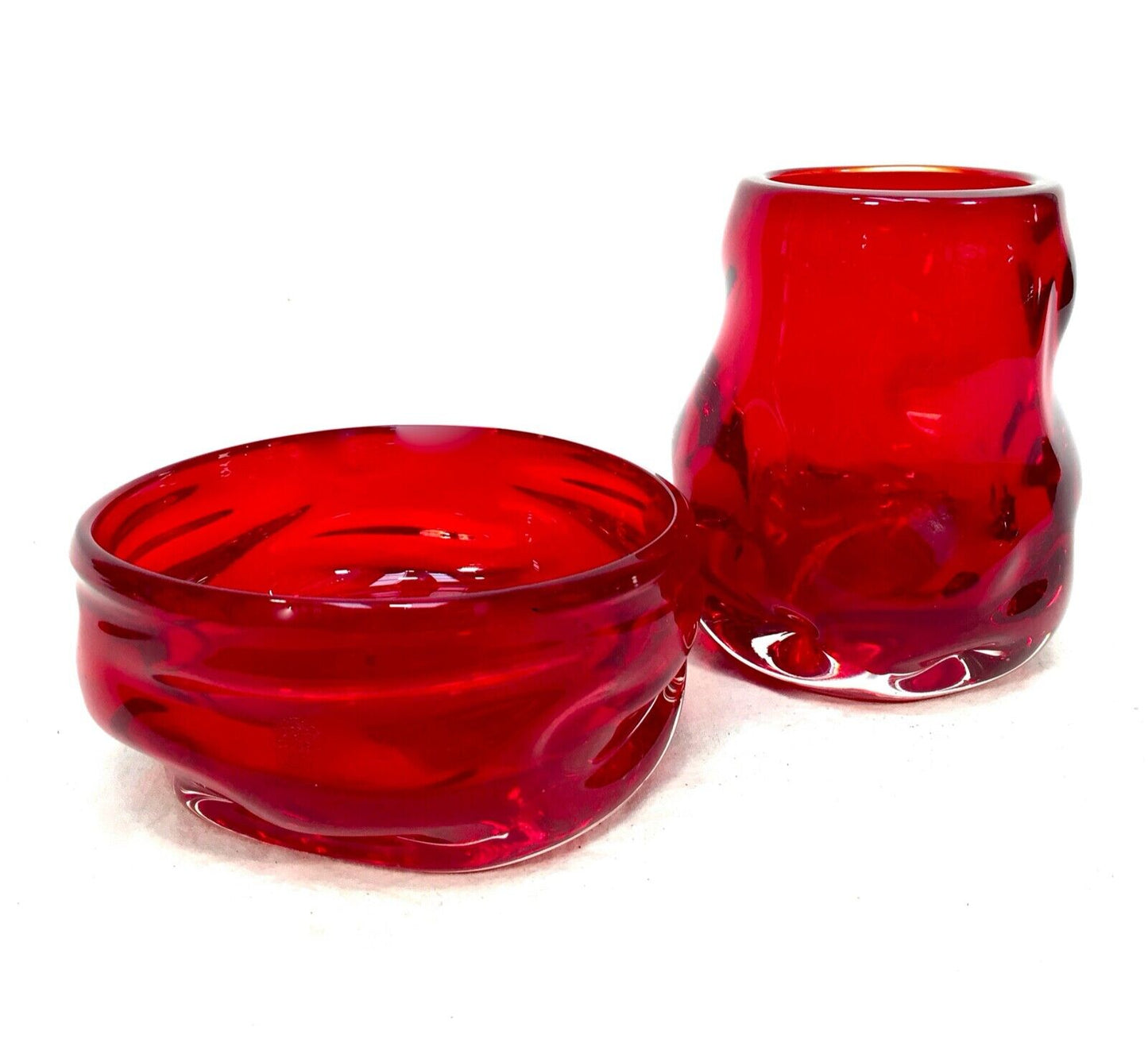 Vintage Pair Of Mid Century Ruby Whitefriars Glass Knobbly Bowl & Vase c.1960