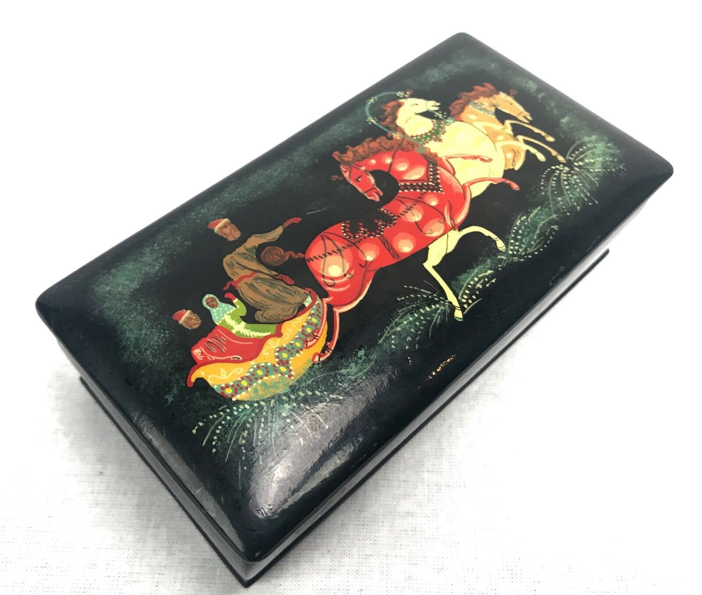 Russian Lacquered / Lacquer Box / Trinket / Horse And Cart / Vintage