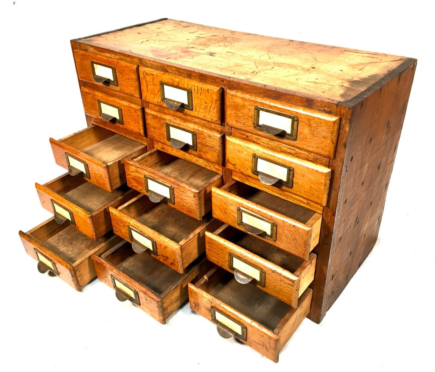 Antique 1930s Large Sized Tabletop Filing Cabinet / Wooden Oak Chest of Drawers