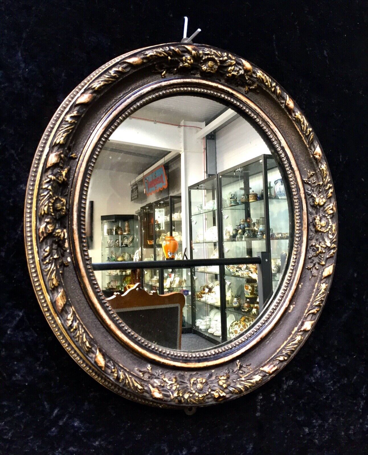 Antique Victorian Wooden Framed Black & Gold Oval Wall Mirror / Art Nouveau